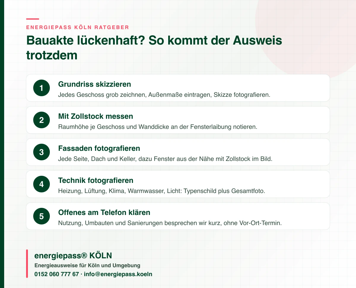 Schritt-Infografik: So entsteht in Köln ein Bedarfsausweis für Gewerbeimmobilien, wenn die Bauakte lückenhaft ist oder ganz fehlt, energiepass® KÖLN