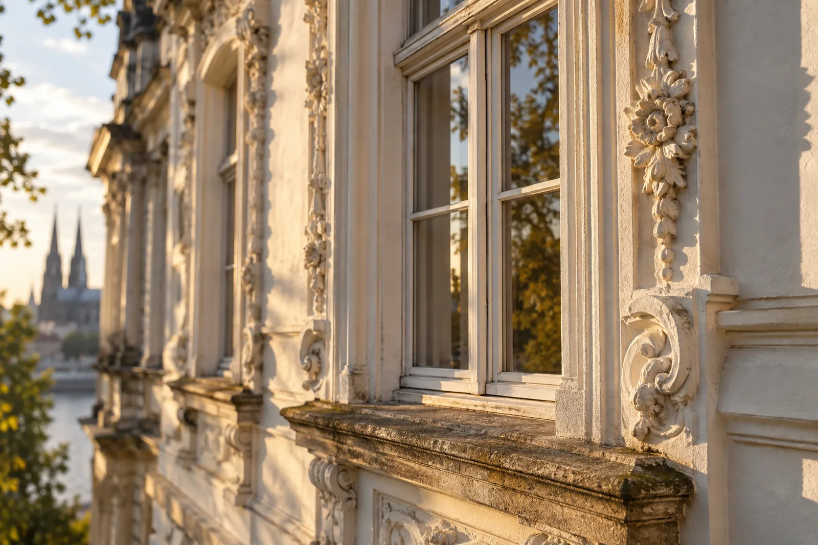 Stuckfassade und historisches Holzfenster eines denkmalgeschützten Hauses in Köln, Energieausweis für Baudenkmäler ab 2027, energiepass KÖLN